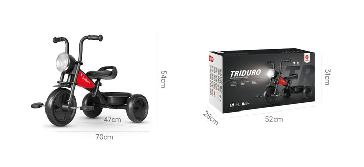 Children's tricycle with dimensions and packaging on a white background