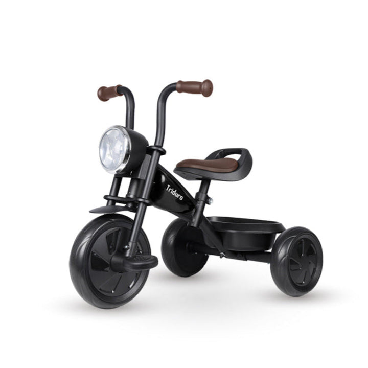 Black Triduro tricycle with brown seat and handlebar grips on a white background