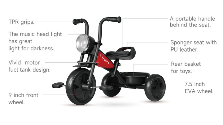 Children's tricycle with features highlighted on a white background