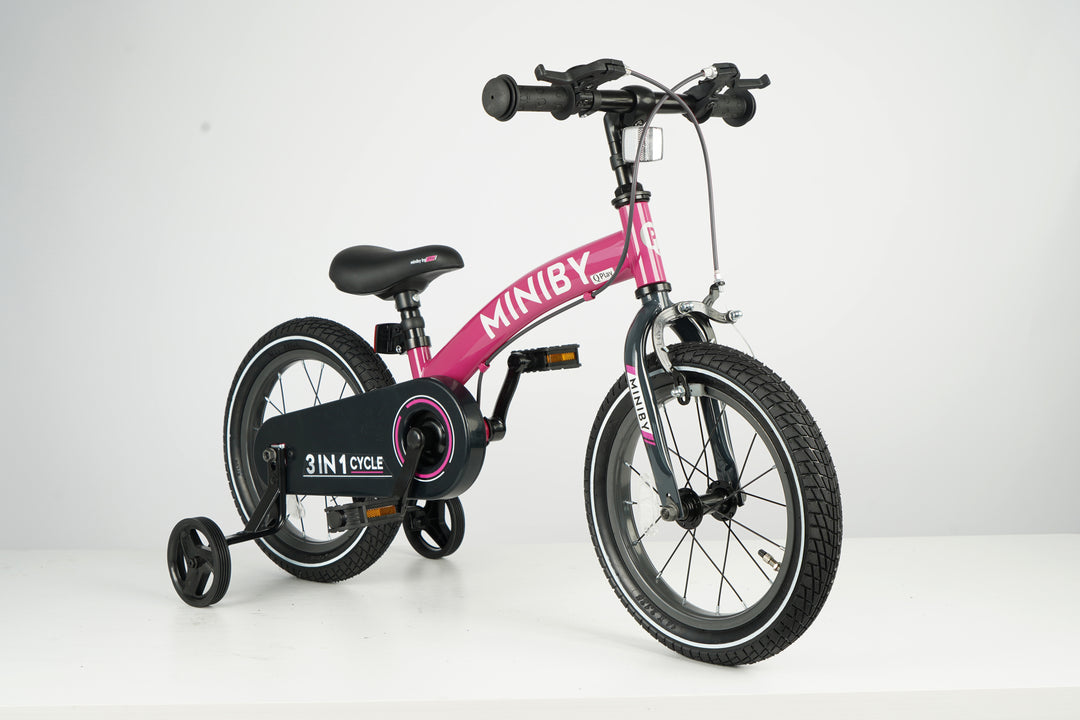 QPlay Miniby 3-in-1 Kids Bike: Balance to Pedal | 14" Air Wheels | Rose