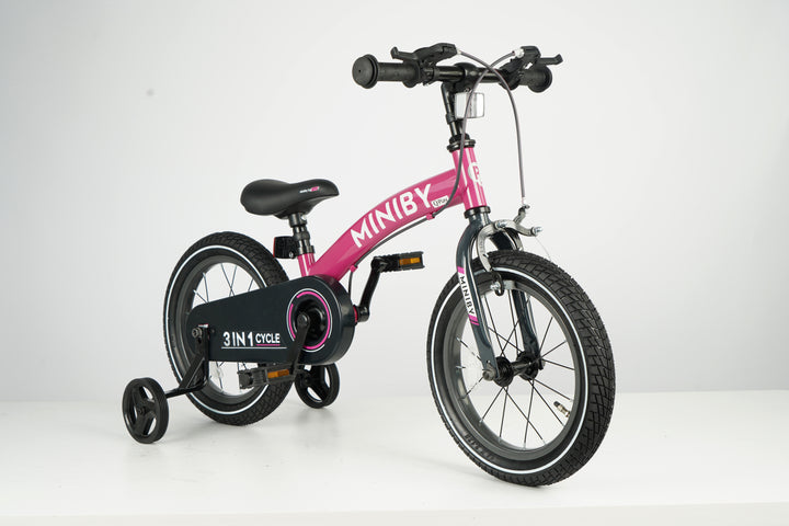 QPlay Miniby 3-in-1 Kids Bike: Balance to Pedal | 14" Air Wheels | Rose