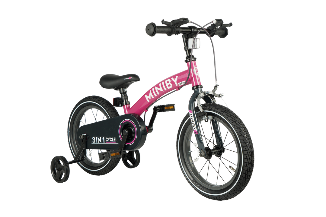 QPlay Miniby 3-in-1 Kids Bike: Balance to Pedal | 14" Air Wheels | Rose