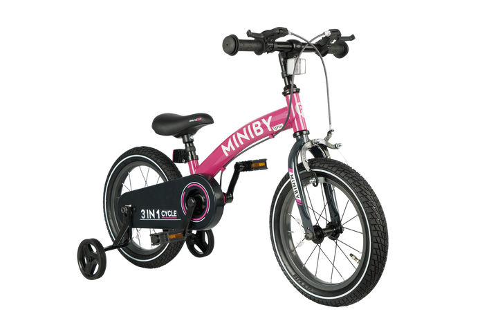 QPlay Miniby 3-in-1 Kids Bike: Balance to Pedal | 14" Air Wheels | Rose