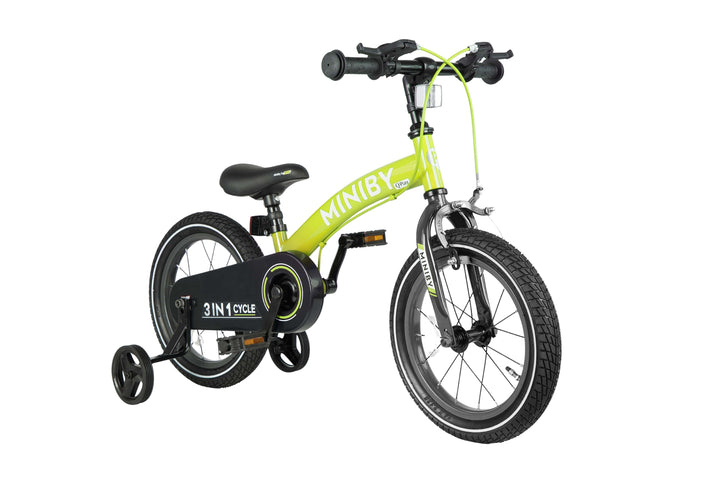 QPlay Miniby 3-in-1 Kids Bike: Balance to Pedal | 14" Air Wheels | Green
