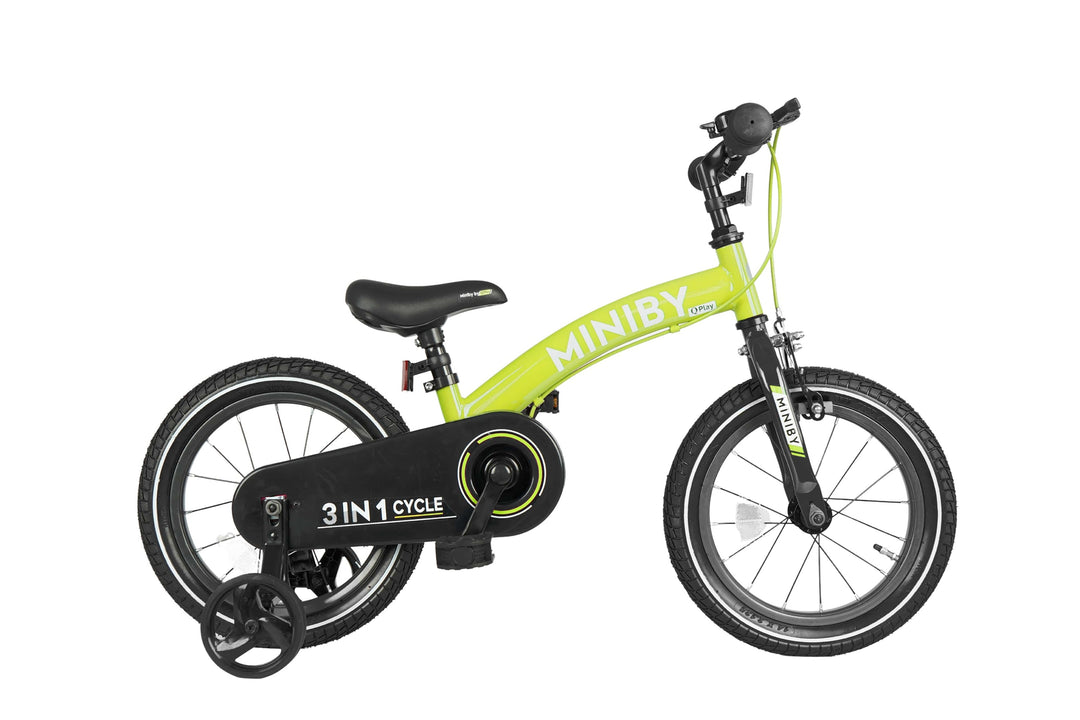 QPlay Miniby 3-in-1 Kids Bike: Balance to Pedal | 14" Air Wheels | Green