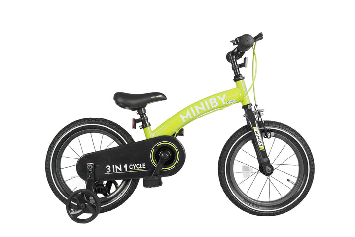 QPlay Miniby 3-in-1 Kids Bike: Balance to Pedal | 14" Air Wheels | Green