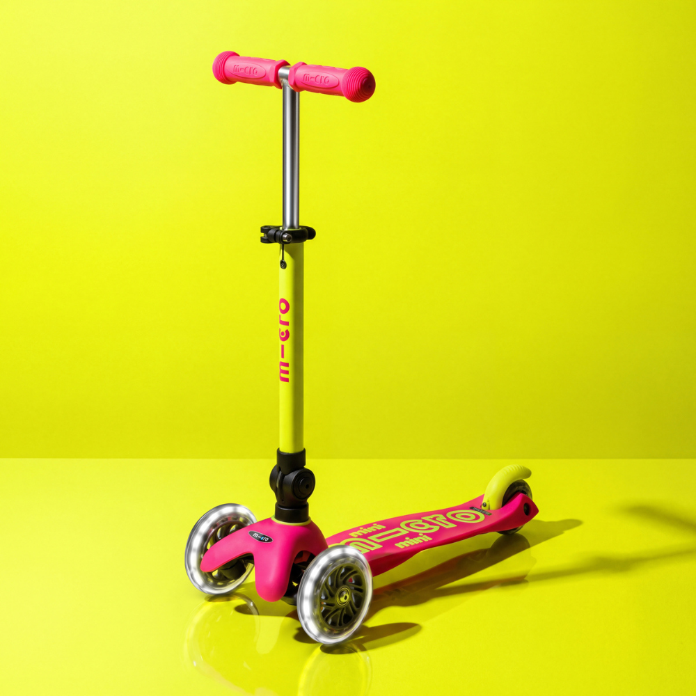 Mini Micro Deluxe - Foldable Neon LED - Flamingo Yellow | 3-Wheeled Scooter for ages 2-5