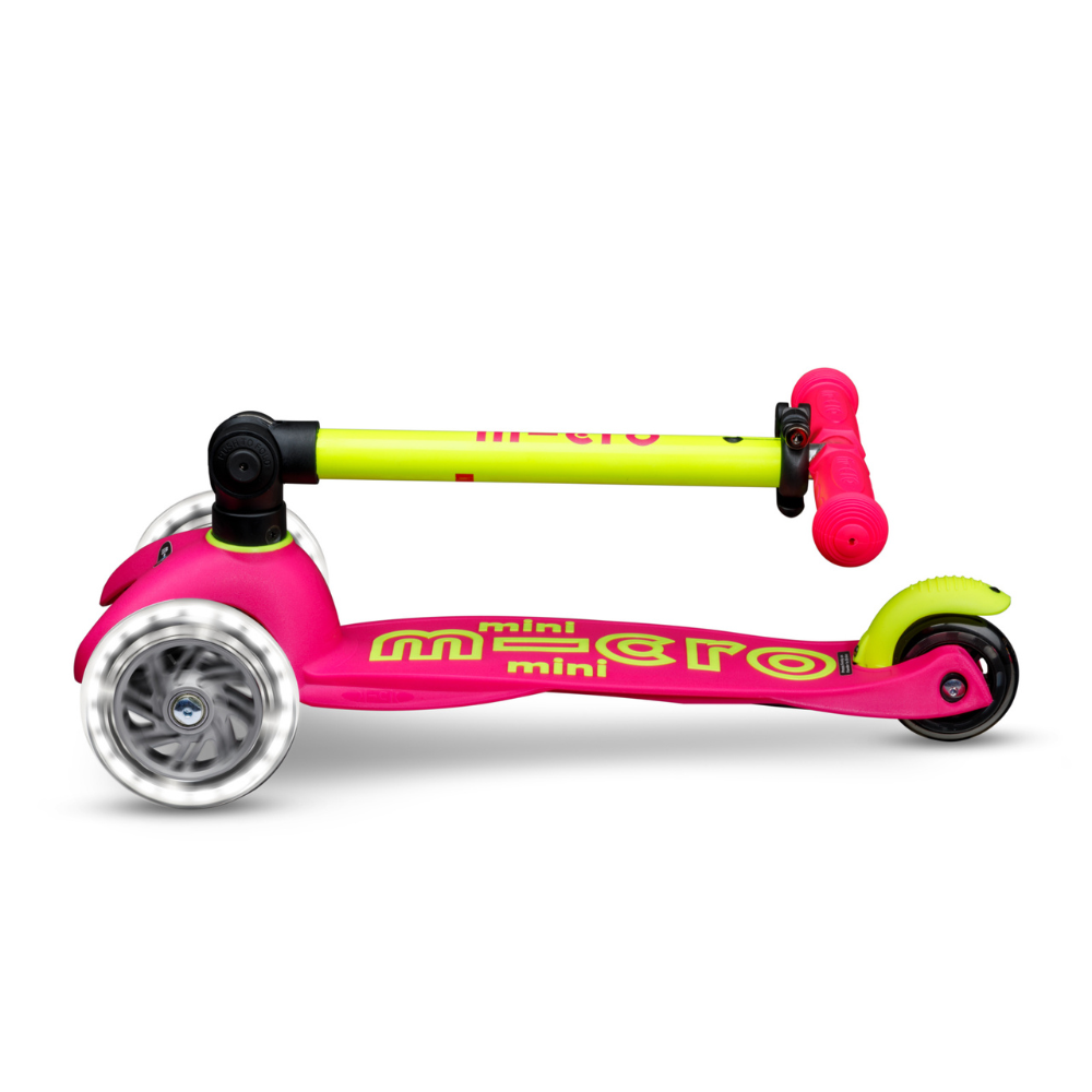 Mini Micro Deluxe - Foldable Neon LED - Flamingo Yellow | 3-Wheeled Scooter for ages 2-5