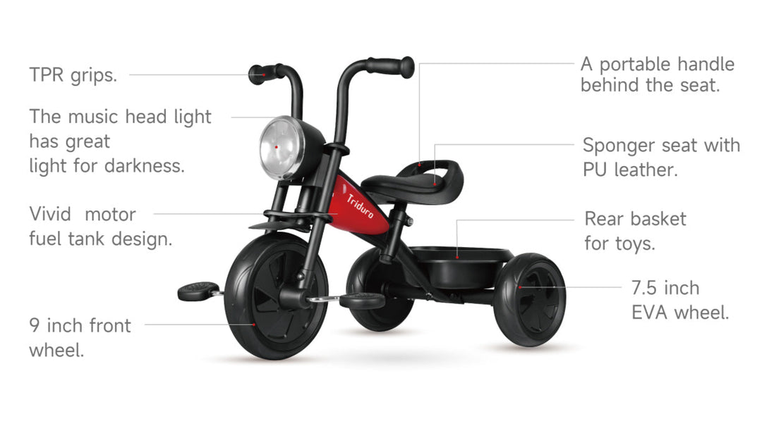 Children's tricycle with features highlighted on a white background