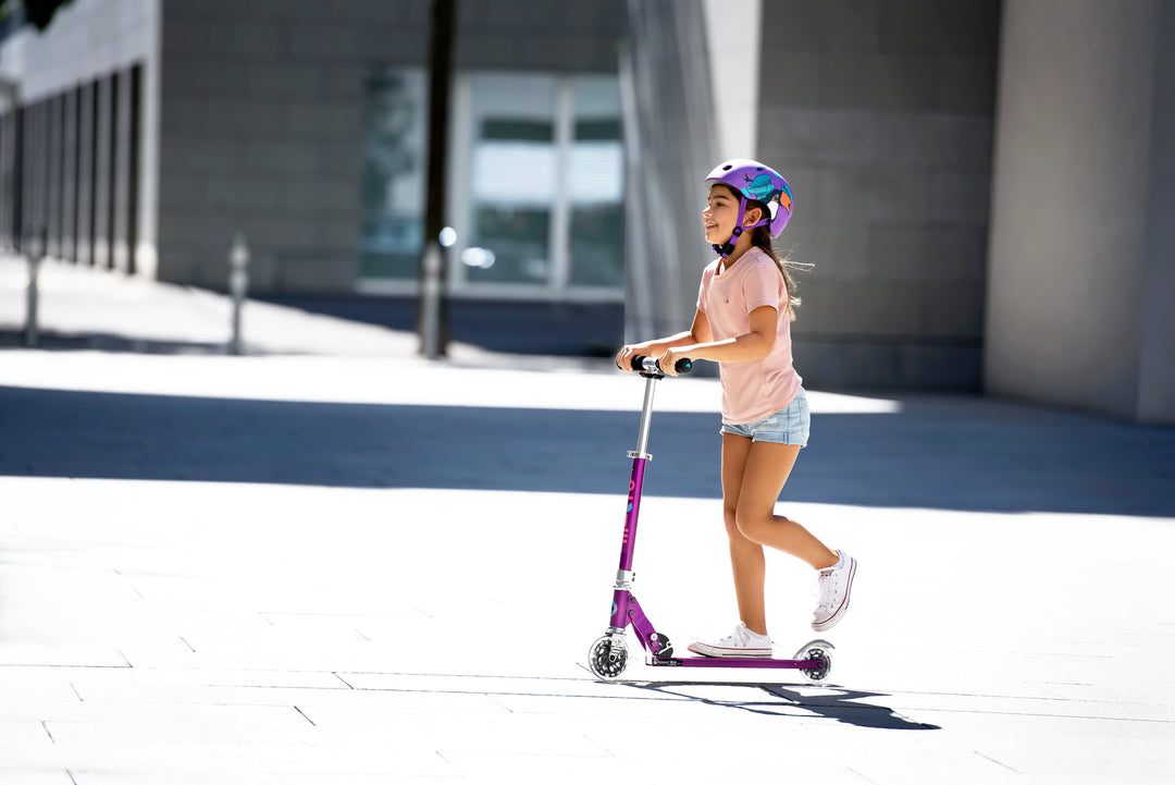 Micro Sprite Scooter - LED Wheels - Purple Stripe - 2-Wheeled Scooter for Kids and Teens